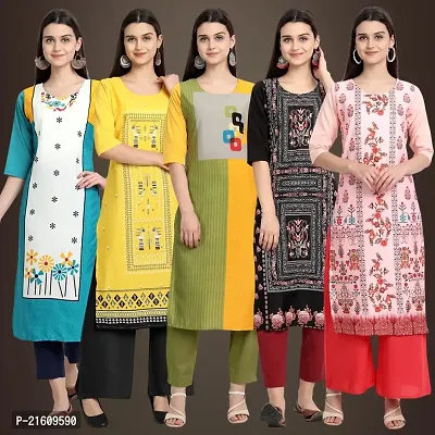 Elegant American Crepe Printed Straight 3/4 Sleeves Kurta For Women- Pack Of 5-thumb0