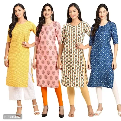 Fashionable Straight Multicoloured Printed Crepe Kurta For Women Combo Pack Of 4