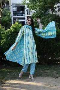 Stylish Turquoise Cotton Printed Kurta, Bottom and Dupatta Set For Women-thumb1