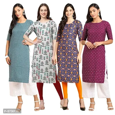 Fashionable Straight Multicoloured Printed Crepe Kurta For Women Combo Pack Of 4