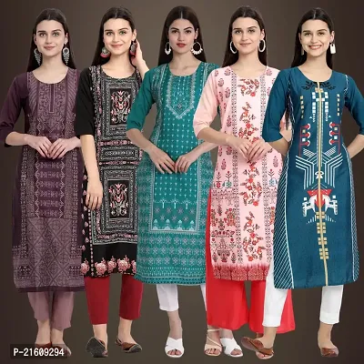 Elegant American Crepe Printed Straight 3/4 Sleeves Kurta For Women- Pack Of 5