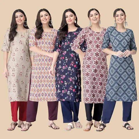 Stylish Crepe Printed Straight Kurtis - Pack Of 5