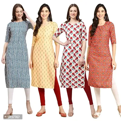 Fashionable Straight Multicoloured Printed Crepe Kurta For Women Combo Pack Of 4-thumb0