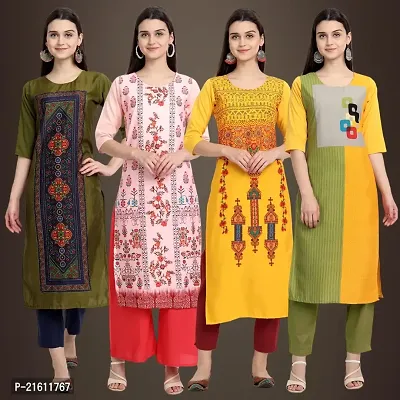 Elegant Crepe Printed Straight 3/4 Sleeves Kurta For Women- Pack Of 4