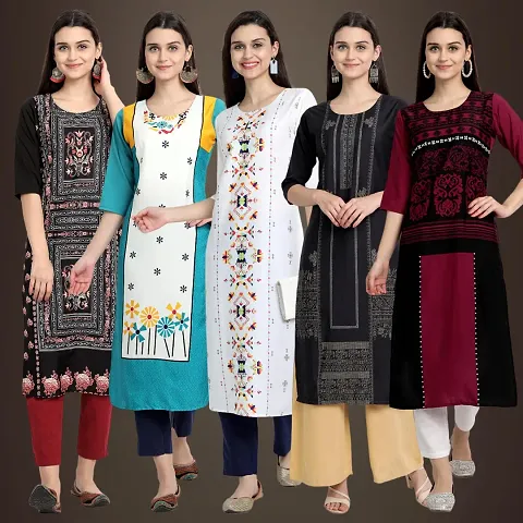 Elegant American Crepe Printed Straight 3/4 Sleeves Kurta - Pack Of 5