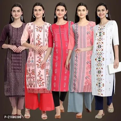 Elegant American Crepe Printed Straight 3/4 Sleeves Kurta For Women- Pack Of 5