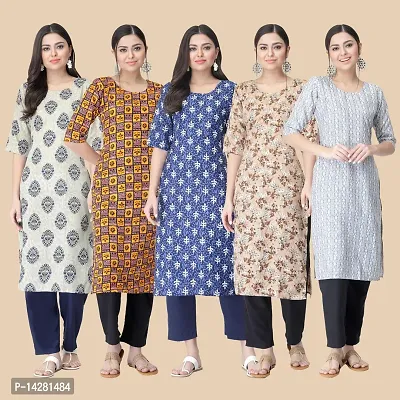 Stylish Straight Multicoloured Printed Crepe Kurta-Combo Of 5