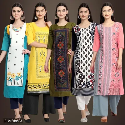 Elegant American Crepe Printed Straight 3/4 Sleeves Kurta For Women- Pack Of 5