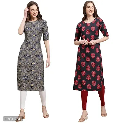 Fashionable Straight Multicoloured Printed Crepe Kurta For Women Combo Pack Of 2-thumb0