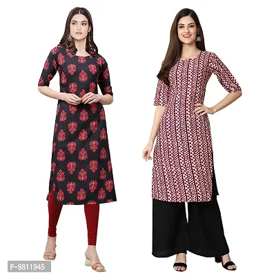 Fashionable Straight Multicoloured Printed Crepe Kurta For Women Combo Pack Of 2-thumb0