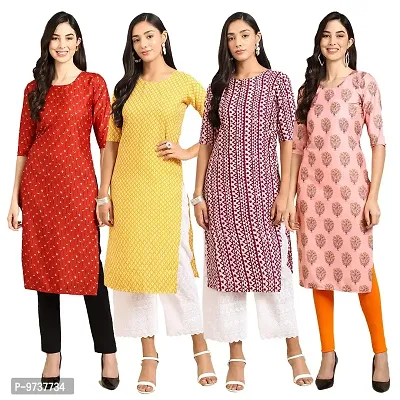 Fashionable Straight Multicoloured Printed Crepe Kurta For Women Combo Pack Of 4