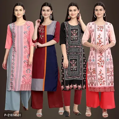 Elegant Crepe Printed Straight 3/4 Sleeves Kurta For Women- Pack Of 4-thumb0