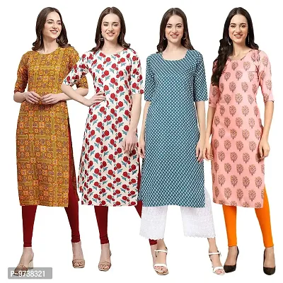 Fashionable Straight Multicoloured Printed Crepe Kurta For Women Combo Pack Of 4