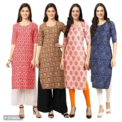 Fashionable Straight Multicoloured Printed Crepe Kurta For Women Combo Pack Of 4-thumb0