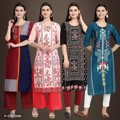 Elegant Crepe Printed Straight 3/4 Sleeves Kurta For Women- Pack Of 4