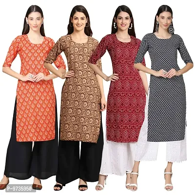 Fashionable Straight Multicoloured Printed Crepe Kurta For Women Combo Pack Of 4-thumb0