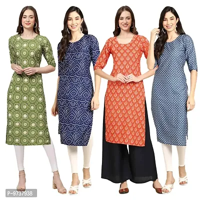 Fashionable Straight Multicoloured Printed Crepe Kurta For Women Combo Pack Of 4