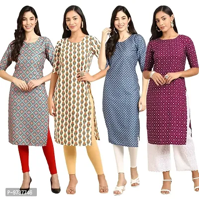 Fashionable Straight Multicoloured Printed Crepe Kurta For Women Combo Pack Of 4