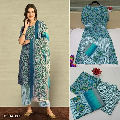 Stylish Blue Cotton Kurta, Bottom And Dupatta Set For Women-thumb0