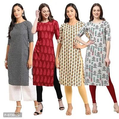 Fashionable Straight Multicoloured Printed Crepe Kurta For Women Combo Pack Of 4