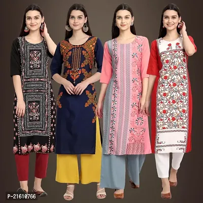 Elegant Crepe Printed Straight 3/4 Sleeves Kurta For Women- Pack Of 4