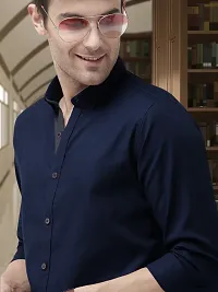 Men Stylish Blue Cotton Solid Long Sleeve Semi Formal Shirt-thumb1