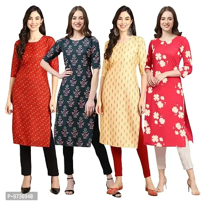 Fashionable Straight Multicoloured Printed Crepe Kurta For Women Combo Pack Of 4