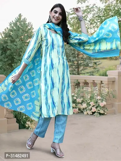 Elegant Cotton Blend Dyed Kurta with Pant And Dupatta Set For Women-thumb3