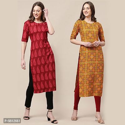 Fashionable Straight Multicoloured Printed Crepe Kurta For Women Combo Pack Of 2-thumb0