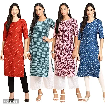 Fashionable Straight Multicoloured Printed Crepe Kurta For Women Combo Pack Of 4