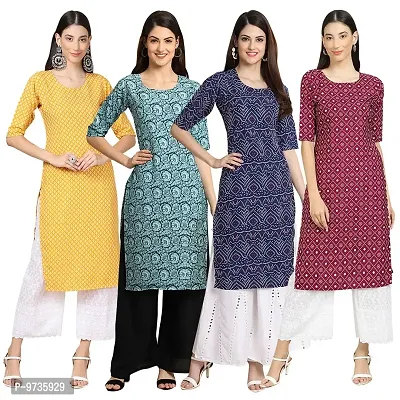 Fashionable Straight Multicoloured Printed Crepe Kurta For Women Combo Pack Of 4