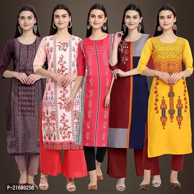 Elegant American Crepe Printed Straight 3/4 Sleeves Kurta For Women- Pack Of 5