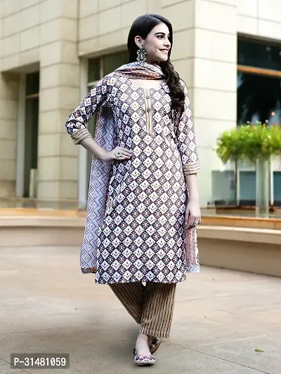 Stylish Beige Cotton Blend Printed Kurta Bottom and Dupatta Set For Women-thumb3