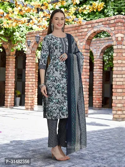 Stylish Multicoloured Cotton Blend Printed Kurta, Bottom and Dupatta Set For Women-thumb4