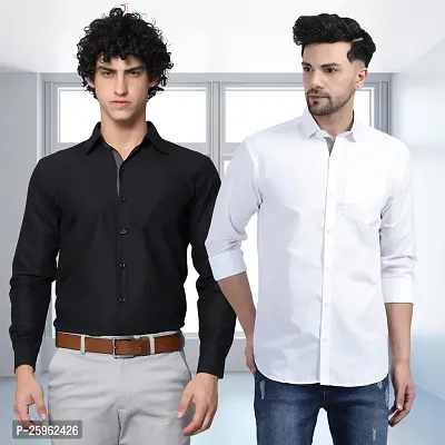 Stylish Multicoloured Cotton Long Sleeve Solid Regular Fit Formal Shirt For Men Pack Of 2-thumb0