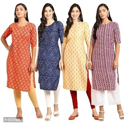 Fashionable Straight Multicoloured Printed Crepe Kurta For Women Combo Pack Of 4