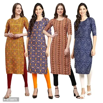 Fashionable Straight Multicoloured Printed Crepe Kurta For Women Combo Pack Of 4