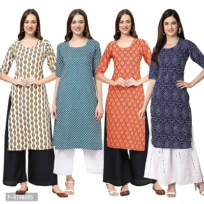 Fashionable Straight Multicoloured Printed Crepe Kurta For Women Combo Pack Of 4