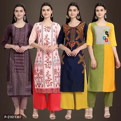 Elegant Crepe Printed Straight 3/4 Sleeves Kurta For Women- Pack Of 4