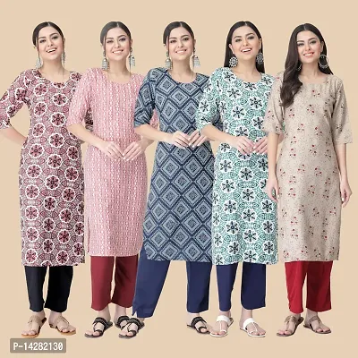 Stylish Straight Multicoloured Printed Crepe Kurta-Combo Of 5