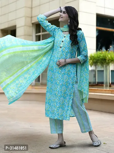 Stylish Turquoise Cotton Blend Printed Kurta Bottom and Dupatta Set For Women-thumb3