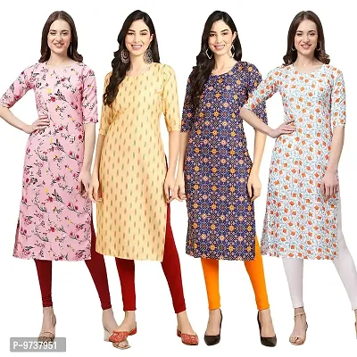 Fashionable Straight Multicoloured Printed Crepe Kurta For Women Combo Pack Of 4