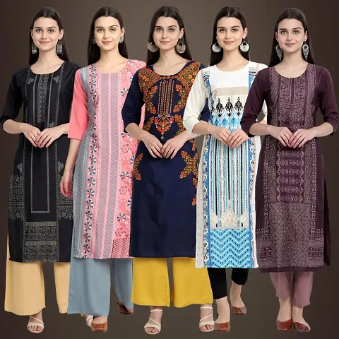 Elegant American Crepe Printed Straight 3/4 Sleeves Kurta Pack Of 5