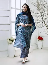 Stylish Blue Cotton Blend Printed Kurta, Bottom and Dupatta Set For Women-thumb3