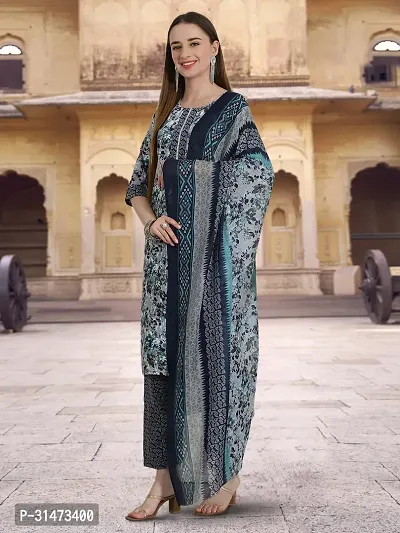 Stylish Navy Blue Cotton Blend Printed Kurta Bottom and Dupatta Set For Women-thumb3