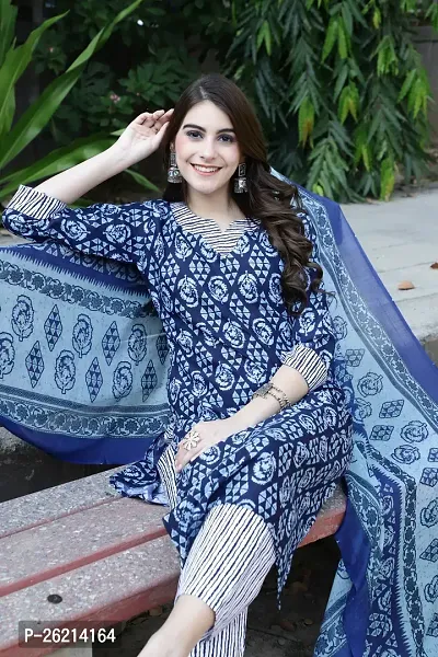 Newest Fashion Navy Blue Printed Cotton Straight Kurta Pant With Dupatta Set-thumb3