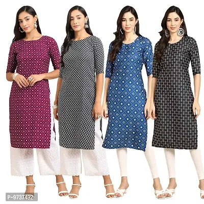 Fashionable Straight Multicoloured Printed Crepe Kurta For Women Combo Pack Of 4