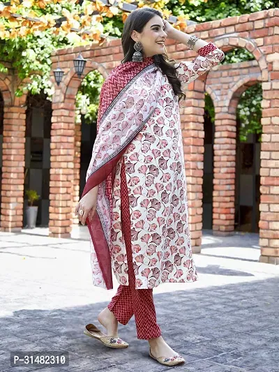 Stylish Red Cotton Blend Printed Kurta, Bottom and Dupatta Set For Women-thumb2