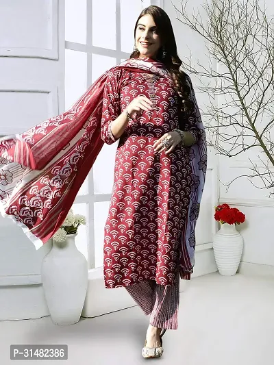 Stylish Maroon Cotton Blend Printed Kurta, Bottom and Dupatta Set For Women-thumb3