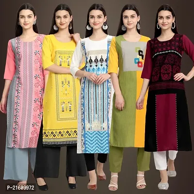 Elegant American Crepe Printed Straight 3/4 Sleeves Kurta For Women- Pack Of 5